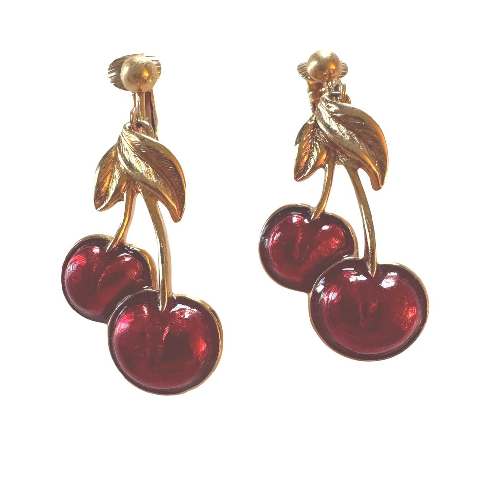 Vintage Avon Cherry Earrings Red Enamel Gold‎ Tone Statement Dangling Clip On